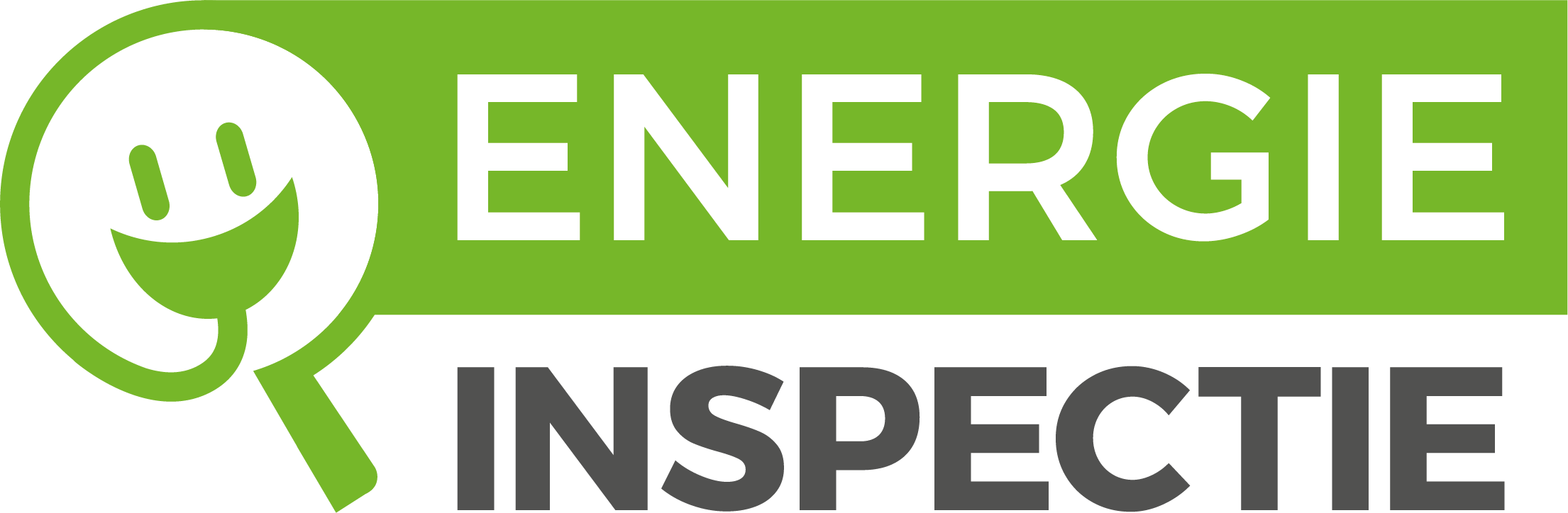 Een logo van energie inspectie. Het woord Energie staat in een groen blok en het woord Inspectie in zwarte letters er onder. Links staat een vergrootglas met een lachend gezichtje er in.