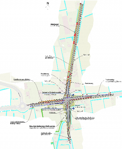 Overzichtskaartje werkzaamheden N919 bij Oosterwolde. Op vier plekken pakken we de weg aan. Meest noordelijk doen we groot onderhoud aan de Schottelenburgweg en 't Oost. Deze werkzaamheden staan gepland voor voorjaar 2022. Een beetje naar onder passen we de Rijweg aan. Dan weer een stuk naar onder is groot onderhoud. Het derde punt, het vervangen van de brug Venekoterweg en het aanpassen van het kruispunt Houtwal en rotonde Molenweg. In het najaar 2021 starten we met de herinrichting van de Venekoterweg.