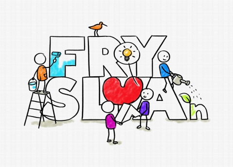 Speelse letters Fryslân met poppetjes eromheen
