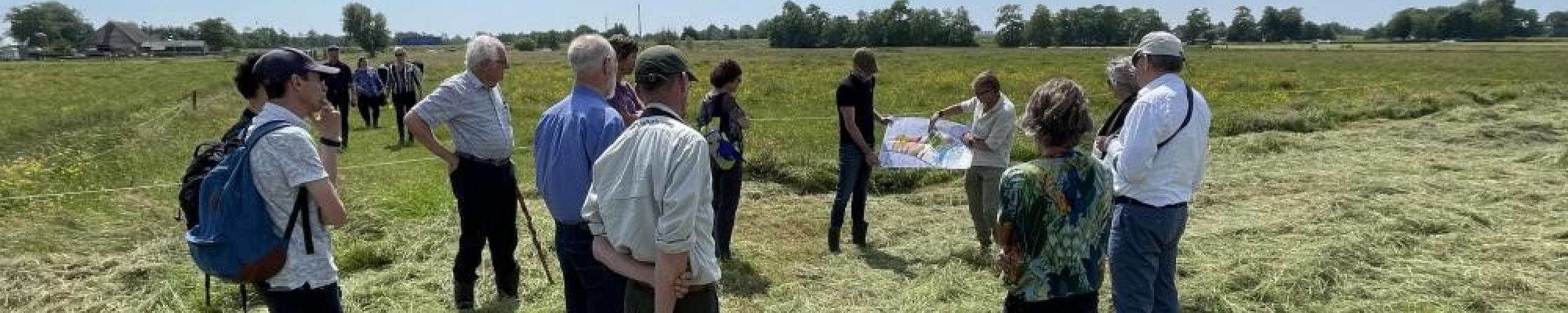 Mensen staan in een kring in een weiland met blauwe lucht