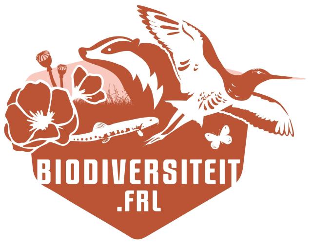Logo biodiversiteit.frl. Bruin van kleur met vogel, das, bloemen, vis en vlinder als afbeelding boven de tekst